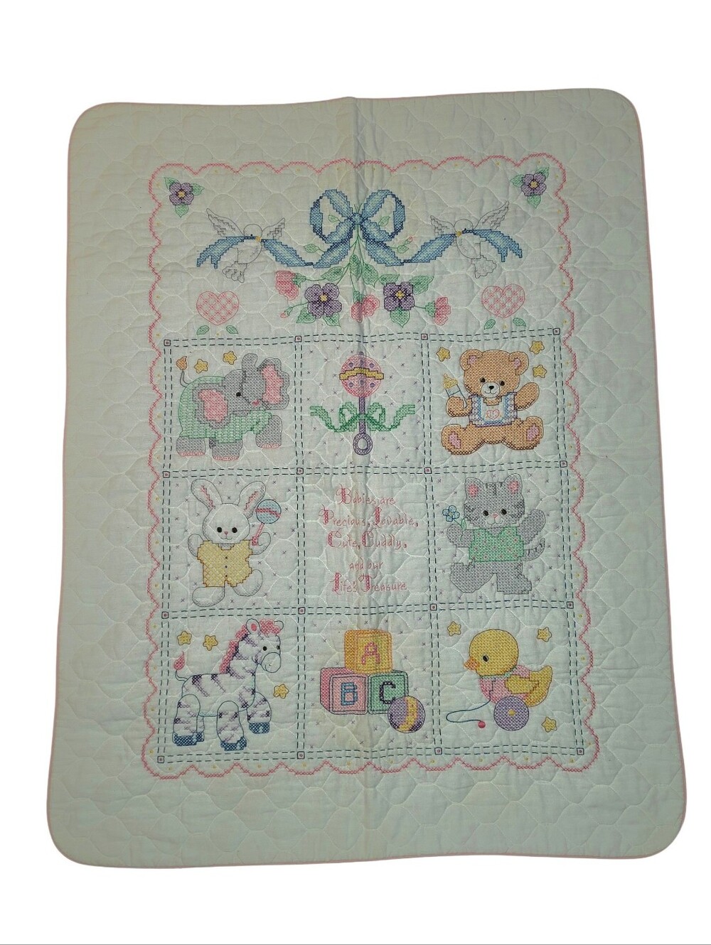 2009 Completed Bucilla Plaid Babies Are Precious Cross Stitch Baby Blanket